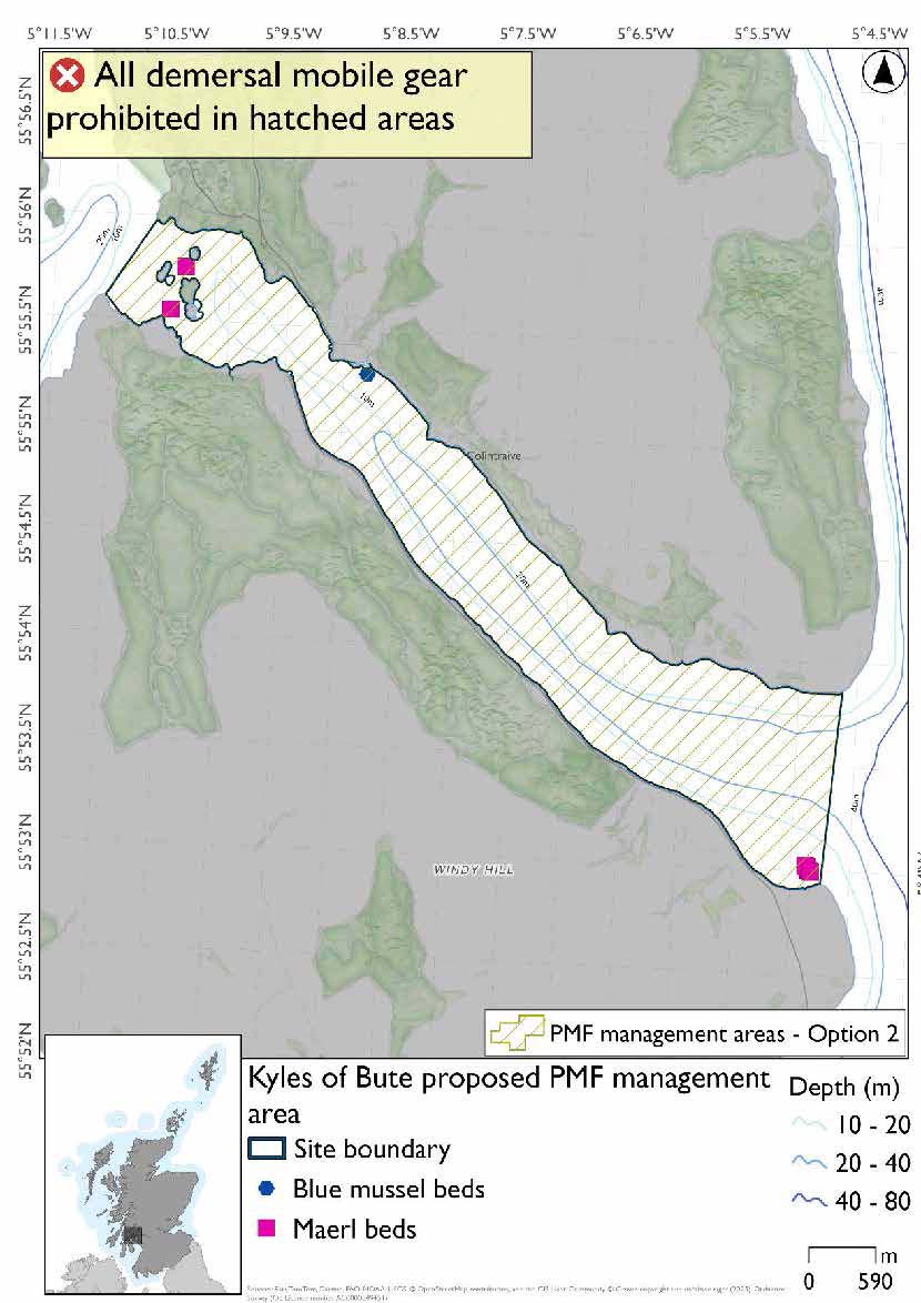 Map shows the area to be protected extending throughout the Kyle, as far as Glaic in the southeast. Maerl bed records exist in the northwest and in the southeastern tip, with blue mussel beds evident just southeast of Colintravie.