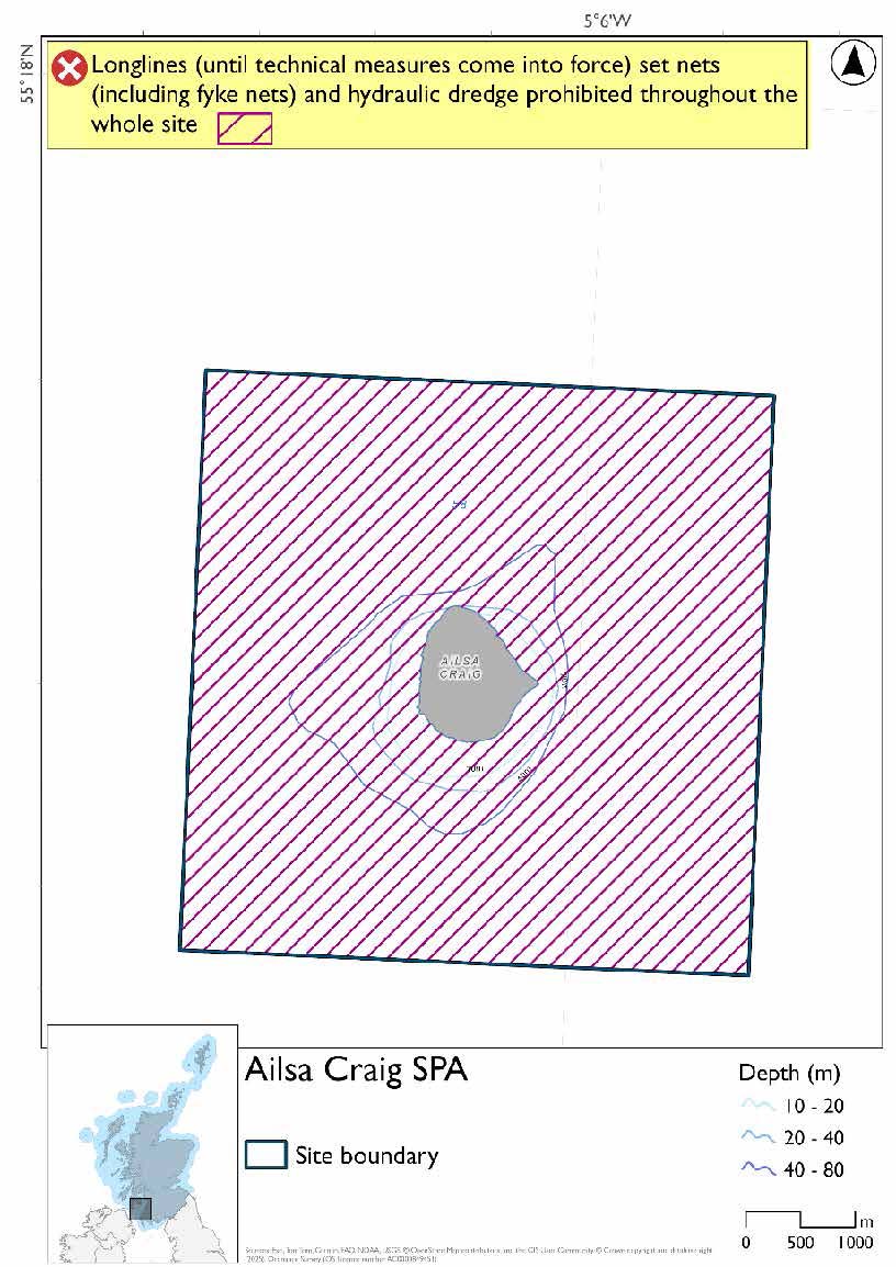 Map shows boundaries of Ailsa Crag SPA forming a square around the island. Set nets (including fyke nets), longlines (until technical measures come into force), and hydraulic dredges are prohibited throughout the whole site. 