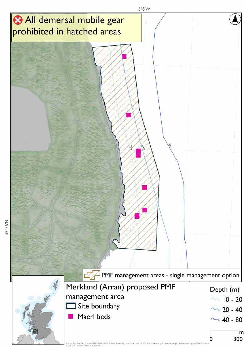 Map shows the area for measures extends along a section of the east coast of Arran, south of Corrie. Maerl bed records are present throughout the area.