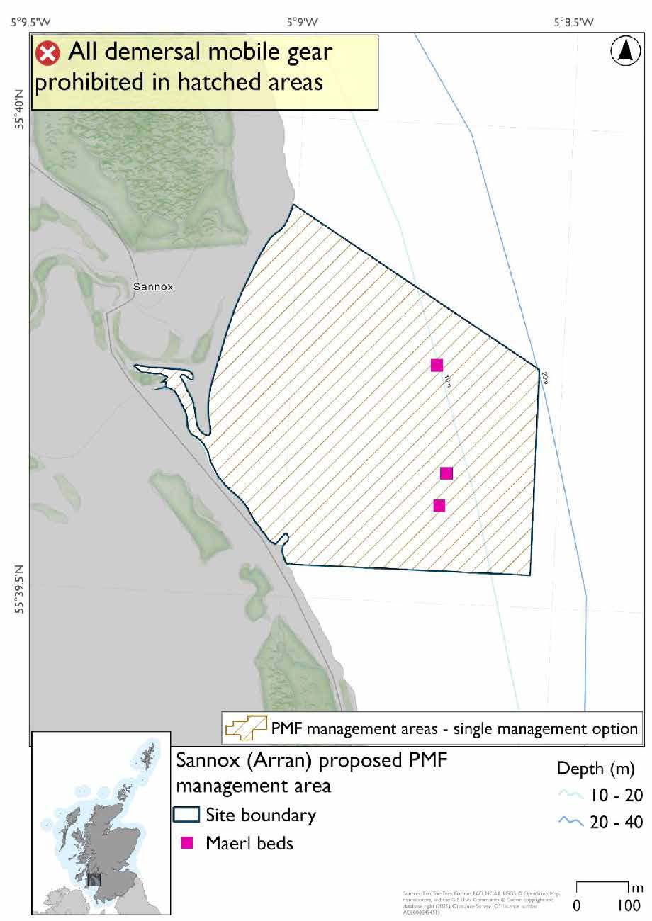 Map shows the area to be protected extending out from the small inlet near Sannox. Maerl bed records are present a short way from the coast.