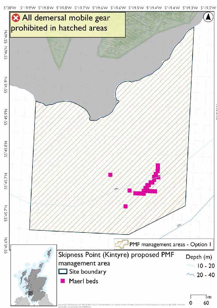 Map shows the area for protection extending from Skipness point a short way into the sea. A cluster of Maerl bed records exists in the southeast of the area, at about 10 metres depth.