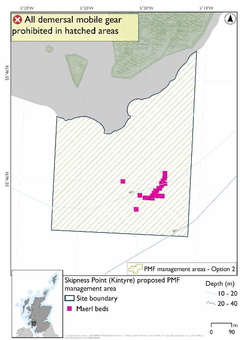 Map shows an area for measures extending from Skipness point into the sea, this option extends slightly deeper in the southeast than option 1. A cluster of Maerl bed records exists in the southeast of the area, at about 10 metres depth.