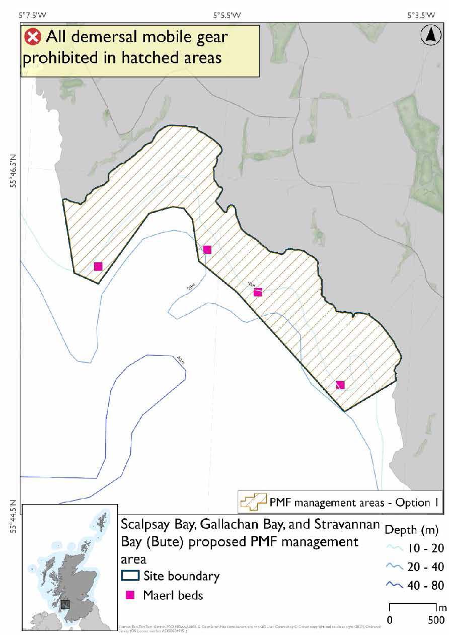 Map shows a continuous area stretching a short way from the coast running from the western edge of Scalpsay bay to the southern edge of Stravanan bay. Four maerl bed records are found across the area.