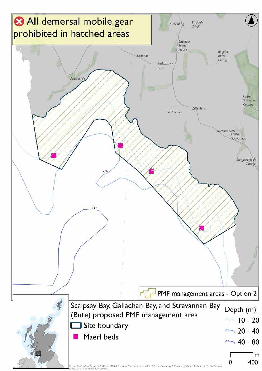 Map shows the area to be protected extending from the waters south of Ardscalpsie down to Stravanan bay. This area extends slightly further into the sea west of Scalpsay bay than option 1. Four maerl bed records are found across the area.