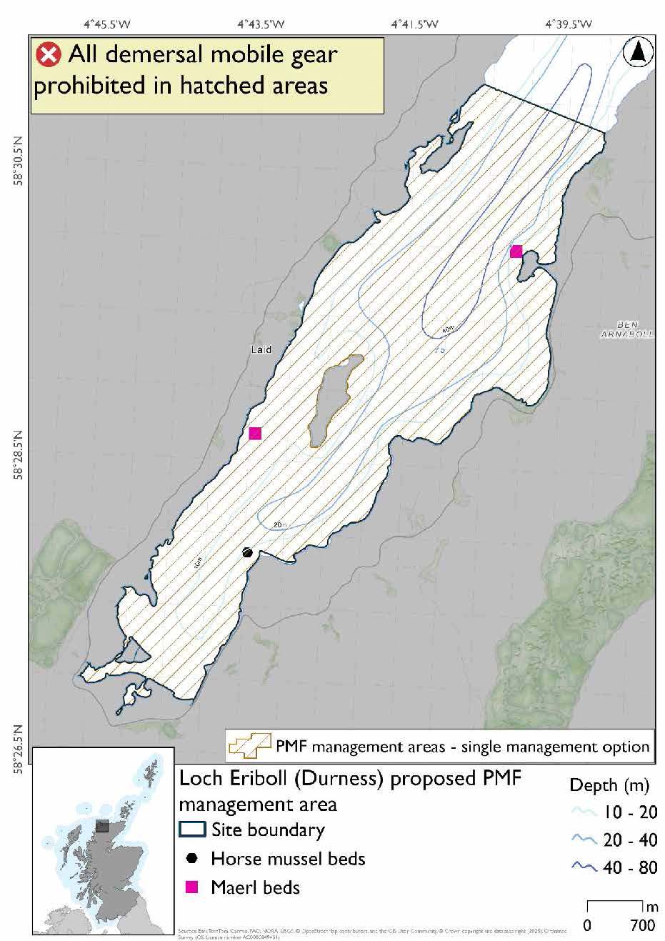 Map showing the area for measures extending from the head of Loch Eriboll to a short way past Portnancon. Maerl bed records are present in the northeast and west of the area, with a horse mussel record in the south of the area.