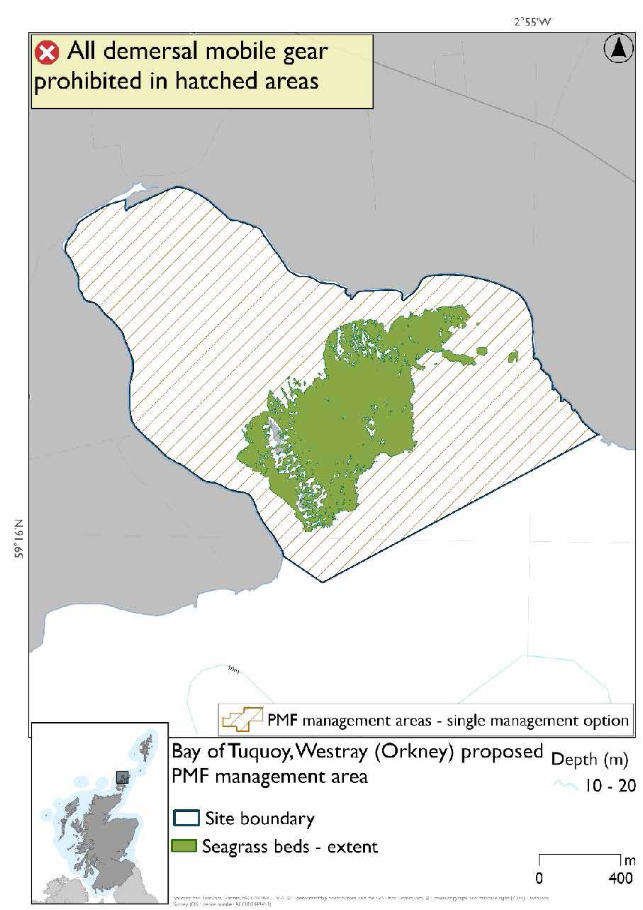 Map shows the protected area covers the whole of the Bay of Tuquoy. Seagrass beds are shown to extend across most of the outer portion of the bay.
