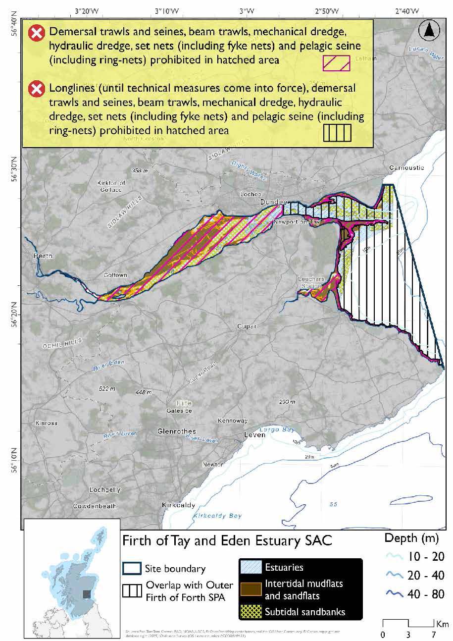 Single option map of Firth of Tay and Eden Estuary Special Area of Conservation (SAC) in Scotland, showing conservation boundaries, depth contours, habitat types including intertidal mudflats and sandflats and subtidal sandbanks, and areas where various fishing gears are prohibited including full site closure to demersal trawl and seine, beam trawl, mechanical dredge, hydraulic dredge, set nets (including fyke nets) and pelagic seine (including ring-nets) and part of the site that overlaps with an SPA showing prohibitions to longlines (until technical measures come into force)