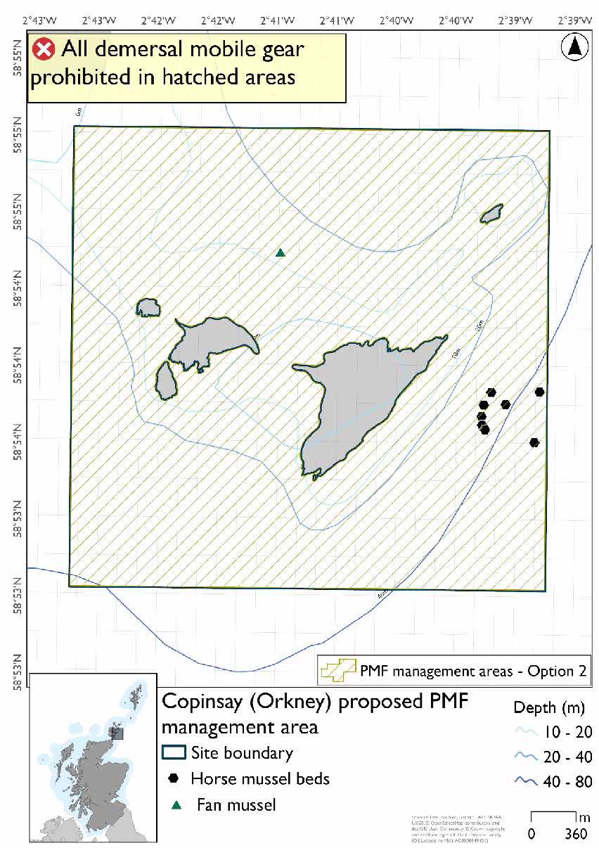 Map shows the area for protection surrounding Copinsay, Corn Holm, and the surrounding islets. Horse mussel beds are evident to the east of Copinsay. A fan mussel record is evident in the north of the area