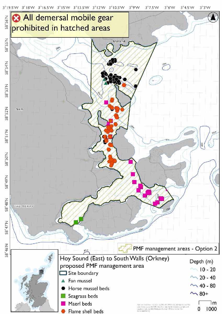 Map shows area for measures extending from the south coast of Mainland along the coast of Hoy to South Walls. The area extends as far as Switha in the southeast, running through the strait between Fara and Hoy and up to Toy Ness on Mainland. Many horse mussel records are found north of Cava, alongside some fan mussels. In the centre of the area there are flame shell, horse mussel, and maerl bed records. maerl beds also exist near the coast of Flotta, and seagrass records on the northwest coast of South Walls.