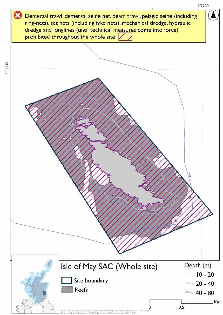 Option 1 map of Berwickshire and North Northumberland Special Area of Conservation (SAC) in Scotland. Reefs run along the coast as up to the 40m depth contour with the protected area extending a further 2km. The area is divided into 4 zones, two zones cover the reef areas (divided north of St Abbs, with another two covering the open waters with the same north/south division. The northern reef zone prohibits all demersal mobile gear, pelagic seines (including ring nets), set nets (including fyke nets) and longlines (until technical measures come into force). The northern open water zone prohibit pelagic seines (including ring nets), set nets (including fyke nets), longlines (until technical measures come into force) and hydraulic dredge. The southern reef zone prohibits all demersal mobile gear, pelagic seines (including ring nets), and set nets (including fyke nets). The southern open water zone prohibits pelagic seines (including ring nets), and set nets (including fyke nets).