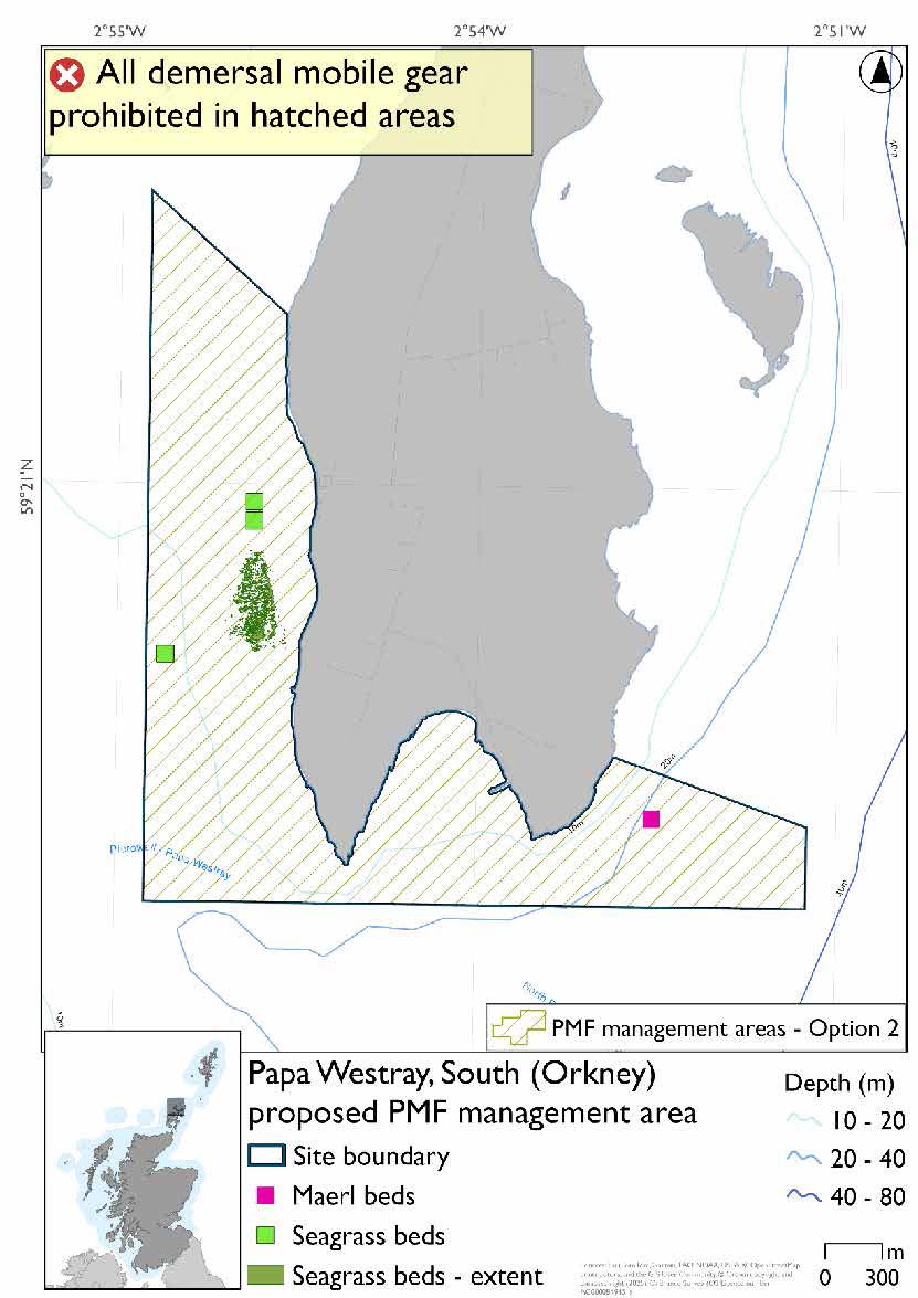Map showing the area for measures covering the southern end of Papa Westray, and the southwest coast as far as the Knap of Howar. A Maerl bed is evident in the southeast of the area, and seagrass records exist in the west of the area.