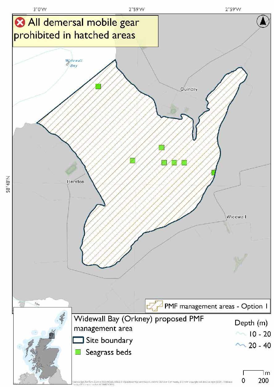 Map shows the area for measures covering the sheltered waters of Widewall Bay, with its outer boundary between Herston and Quindry. Seagrass beds are evident throughout the area, with a greater concentration in the inner portion of the bay.