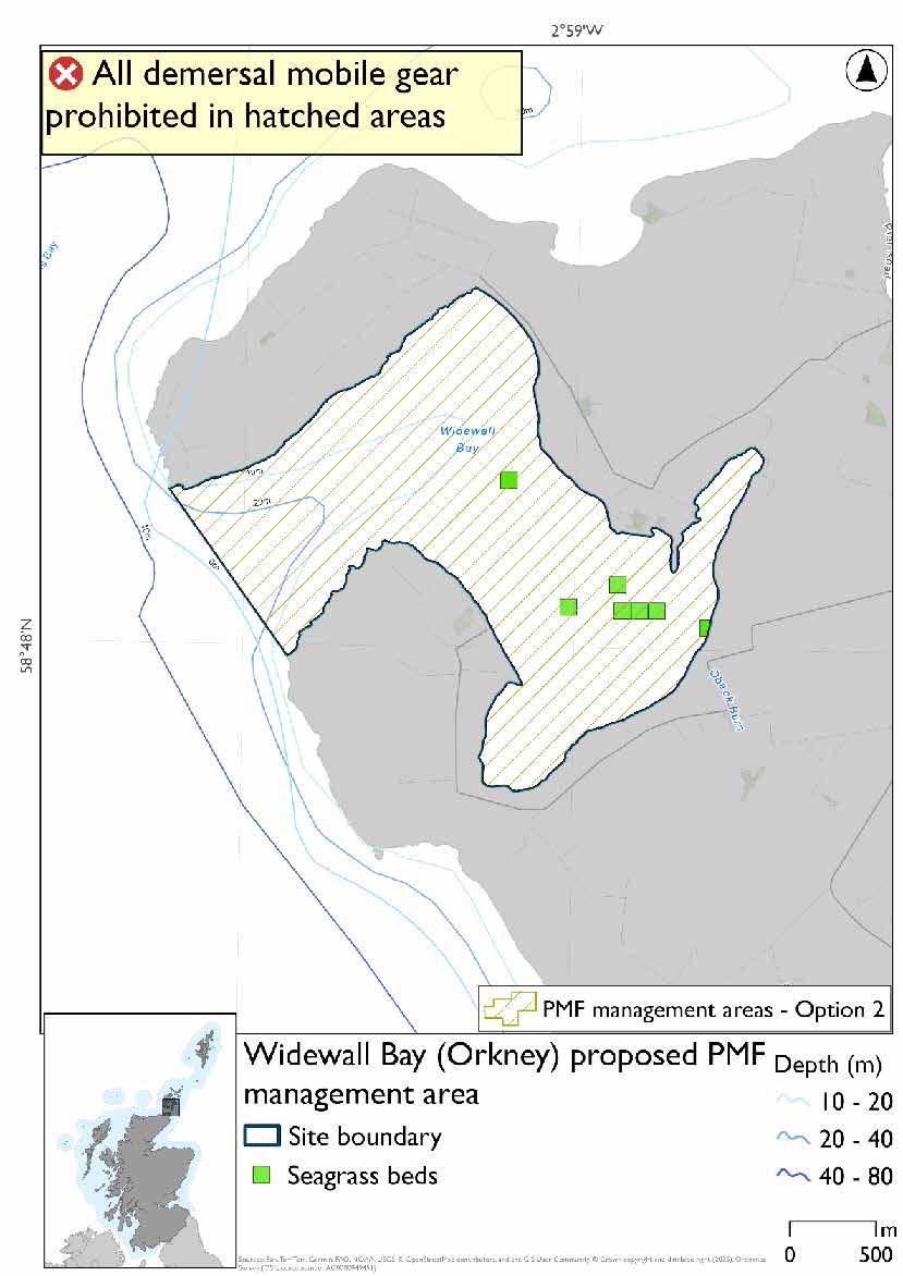Map shows the area for measures covering the whole of Widewall Bay, with its outer boundary between Herson Head and Hoxa Head. Seagrass beds are evident throughout the inner area, with a greater concentration in the innermost portion of the bay.