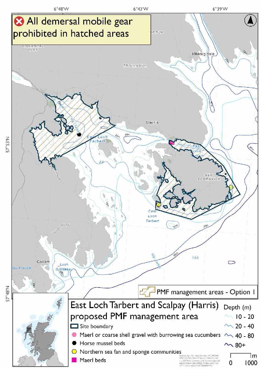 Map shows two distinct areas to be protected: the innermost part of Loch Tarbert, with its outer boundary just before Sgeotasaigh; and the southern, eastern, and northern coastlines of Scalpay. A horse mussel bed is found in the inner portion of Loch Tarbert, a maerl bed near Scalpay bridge, and northern sea fan and sponge communities on the eastern and southern coasts of Scalpay.