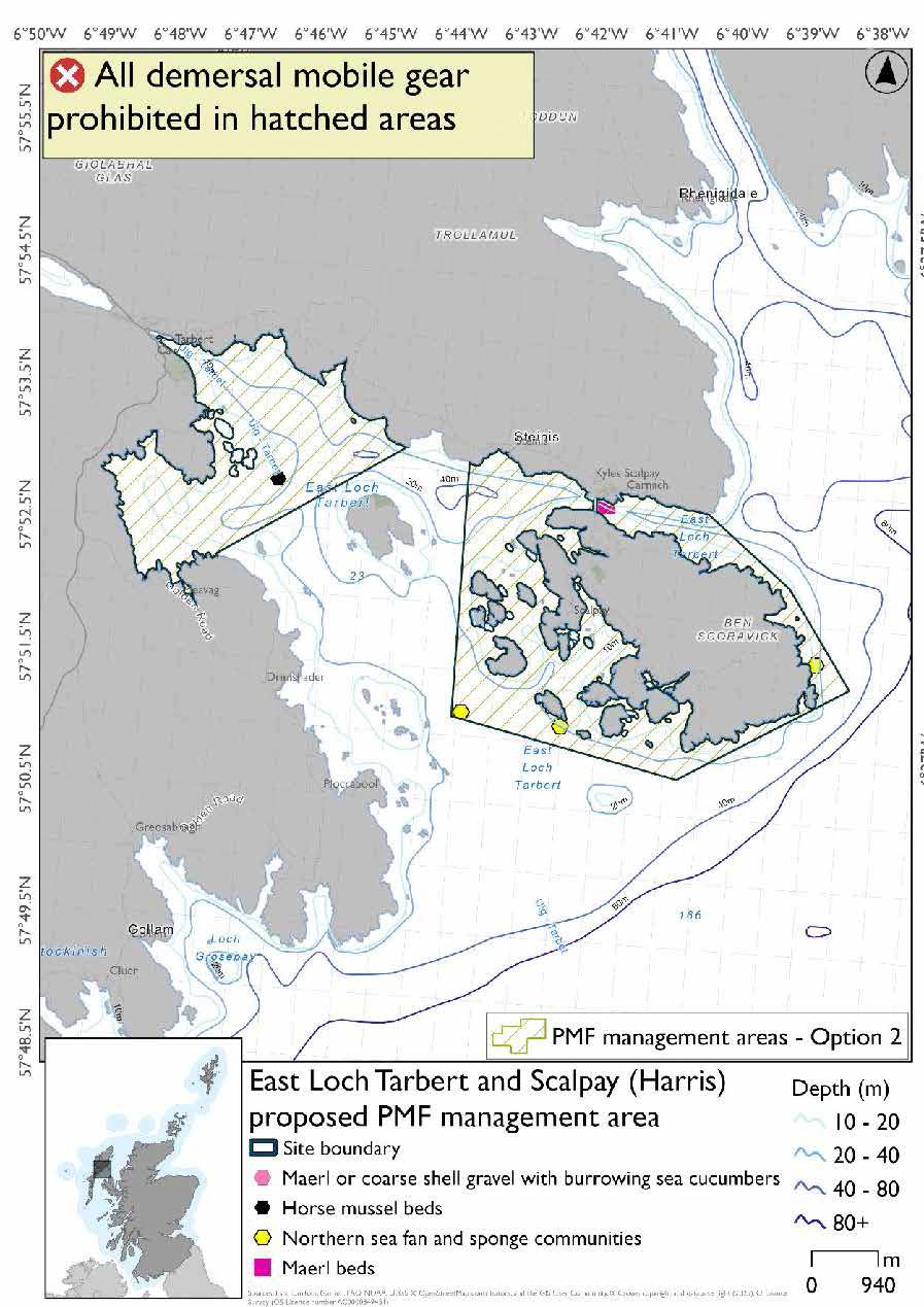 Map shows two distinct areas to be protected: the innermost part of Loch Tarbert, with its outer boundary just before Sgeotasaigh; and the waters surrounding Scalpay. A horse mussel bed is found in the inner portion of Loch Tarbert, a maerl bed near Scalpay bridge, and northern sea fan and sponge communities on the eastern, western, and southern coasts of Scalpay. A horse mussel record is included in this option that is not included in option 1.