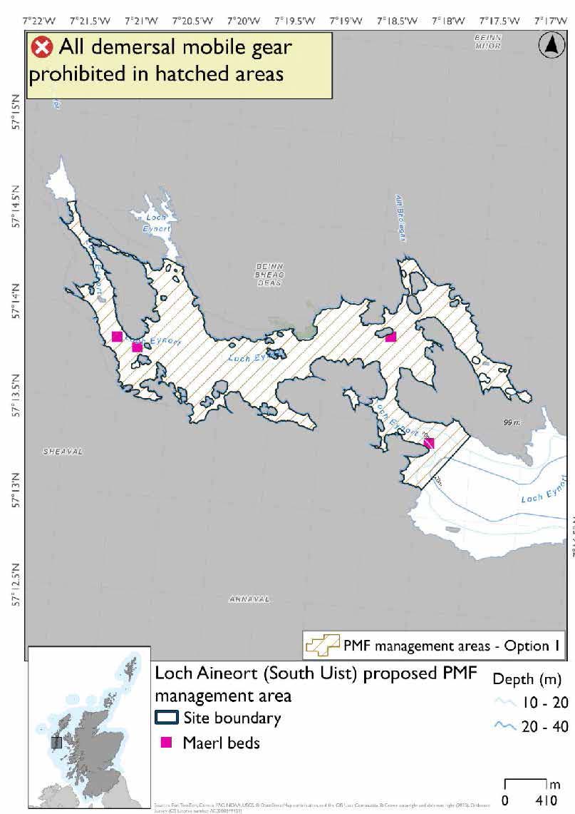 Map shows the area for measures extending from the head of Loch Aineort to an outer boundary a short way west of Eilean Ailein. There are four maerl records dispersed throughout the area.