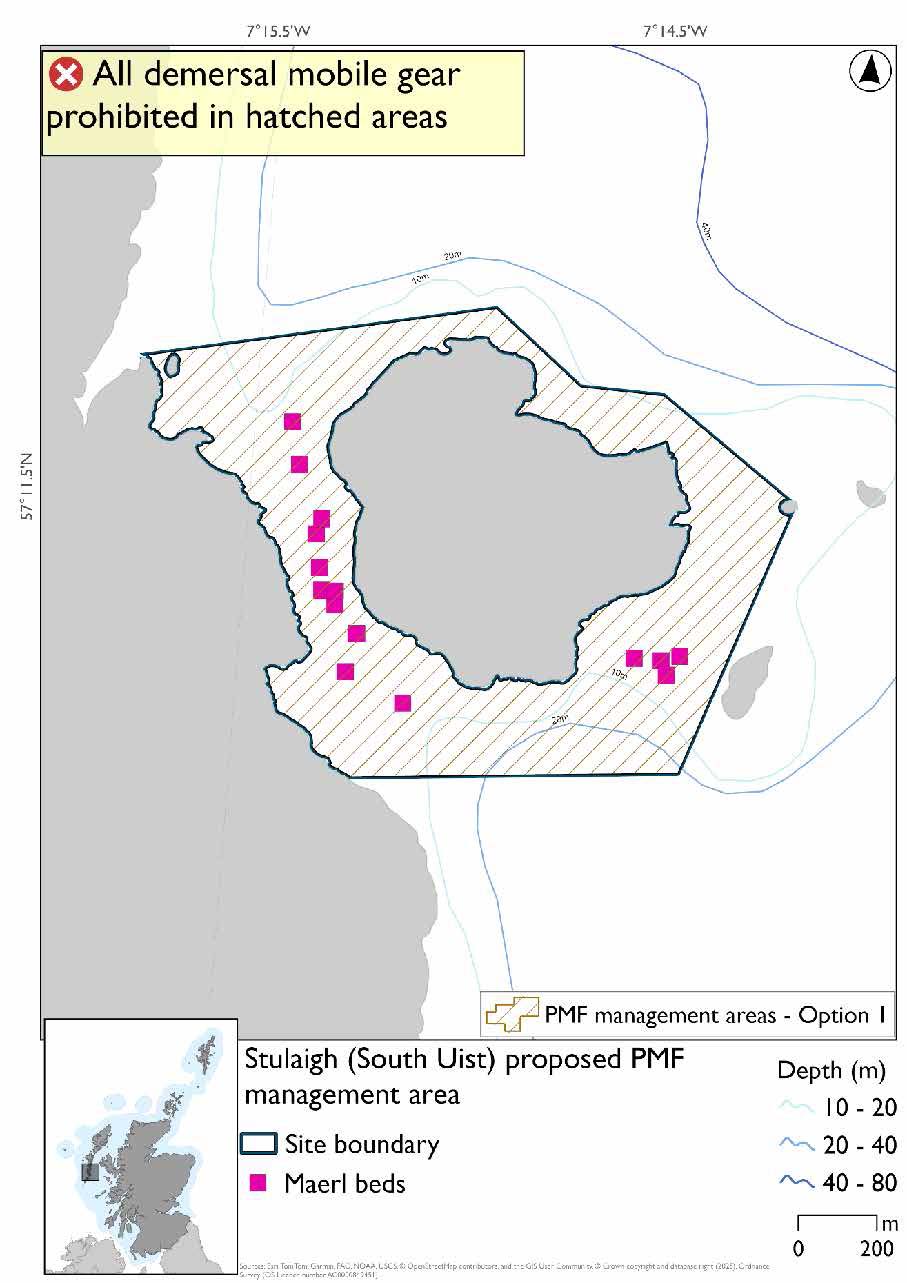 Map shows an area extending around the coast of Stulaigh and Glas-Eilean Mòr, and stretching to the South Uist coast. Numerous maerl bed records exist between Stulaigh and South Uist, with four more between Stulaigh and Glas-Eilean Mòr.