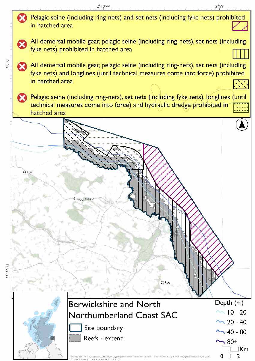 Option 1 map of Berwickshire and North Northumberland Special Area of Conservation (SAC) in Scotland. Reefs run along the coast as up to the 40m depth contour with the protected area extending a further 2km. The area is divided into 4 zones, two zones cover the reef areas (divided north of St Abbs, with another two covering the open waters with the same north/south division. The northern reef zone prohibits all demersal mobile gear, pelagic seines (including ring nets), set nets (including fyke nets) and longlines (until technical measures come into force). The northern open water zone prohibit pelagic seines (including ring nets), set nets (including fyke nets), longlines (until technical measures come into force) and hydraulic dredge. The southern reef zone prohibits all demersal mobile gear, pelagic seines (including ring nets), and set nets (including fyke nets). The southern open water zone prohibits pelagic seines (including ring nets), and set nets (including fyke nets).