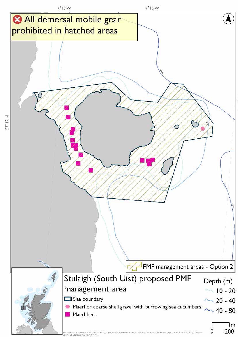 Map shows an area extending around the coast of Stulaigh as far east as Dubh-sgeir Mhòr and stretching to the South Uist coast. This option alsoe xtends further south than option 1. Numerous maerl bed records exist between Stulaigh and South Uist, with four more between Stulaigh and Glas-Eilean Mòr. Southeast of Dubh-sgeir Mhòr a maerl or coarse shell gravel with burrowing sea cucumbers record exists.