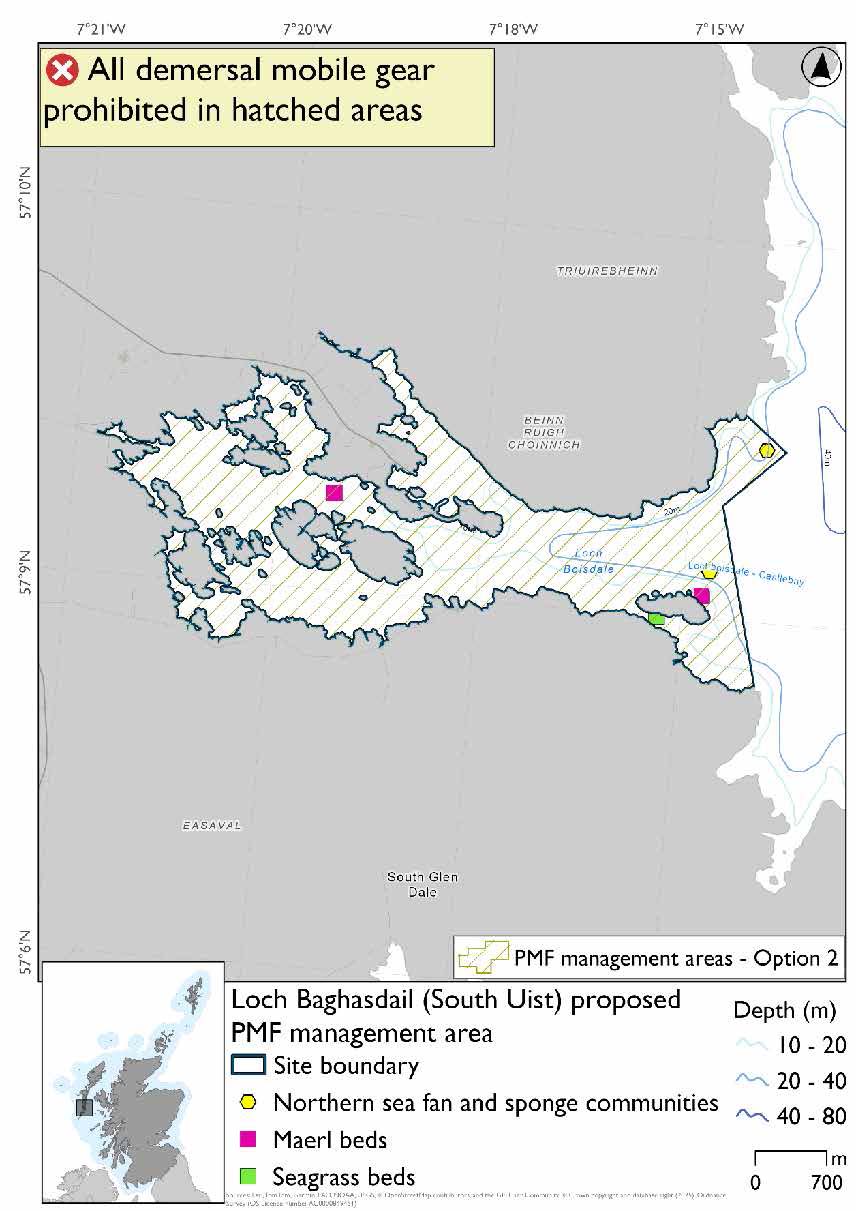 Map shows area for measures will extend from the head of Loch Baghasdail outwards just past Calbhaigh and a short way north of the mouth of the Loch. A maerl bed record is evident inside the loch on the other side of the headland to the Lochboisdale ferry terminal. A seagrass bed is evident south of Calbhaigh, while northwest of Calbhaigh there is a second maerl record and a northern sea fan and sponge communities record. A second northern sea fan and sponge communities record exists just north of the mouth of the loch, in the area not included in option 1.