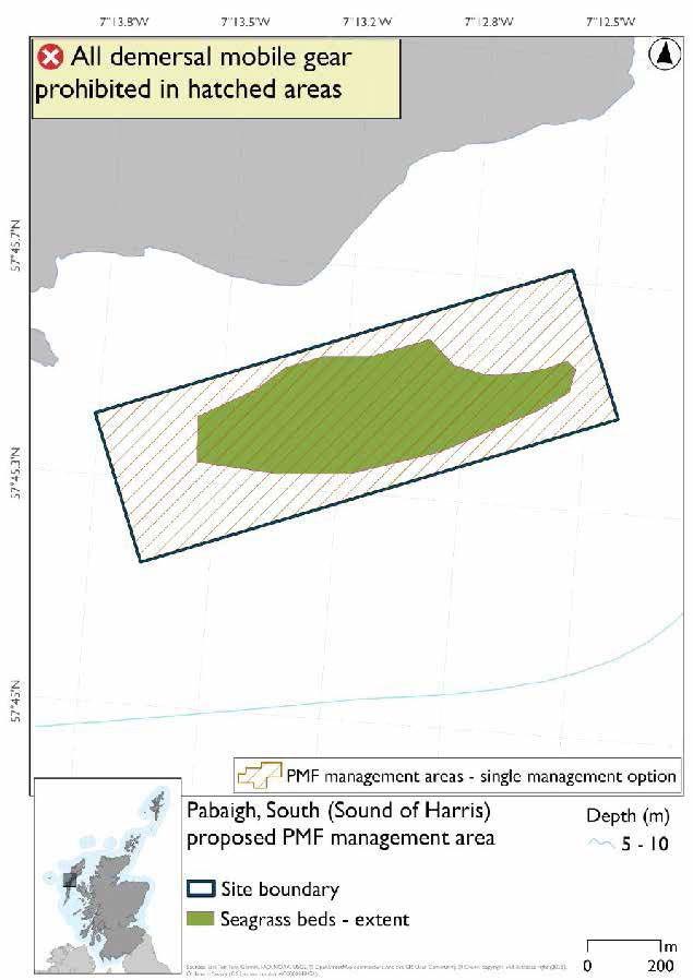 Map shows an area a short way off Traigh an t-Seana-chaisteil on the south coast of Pabaigh for measures. A seagrass bed extends across most of the area.