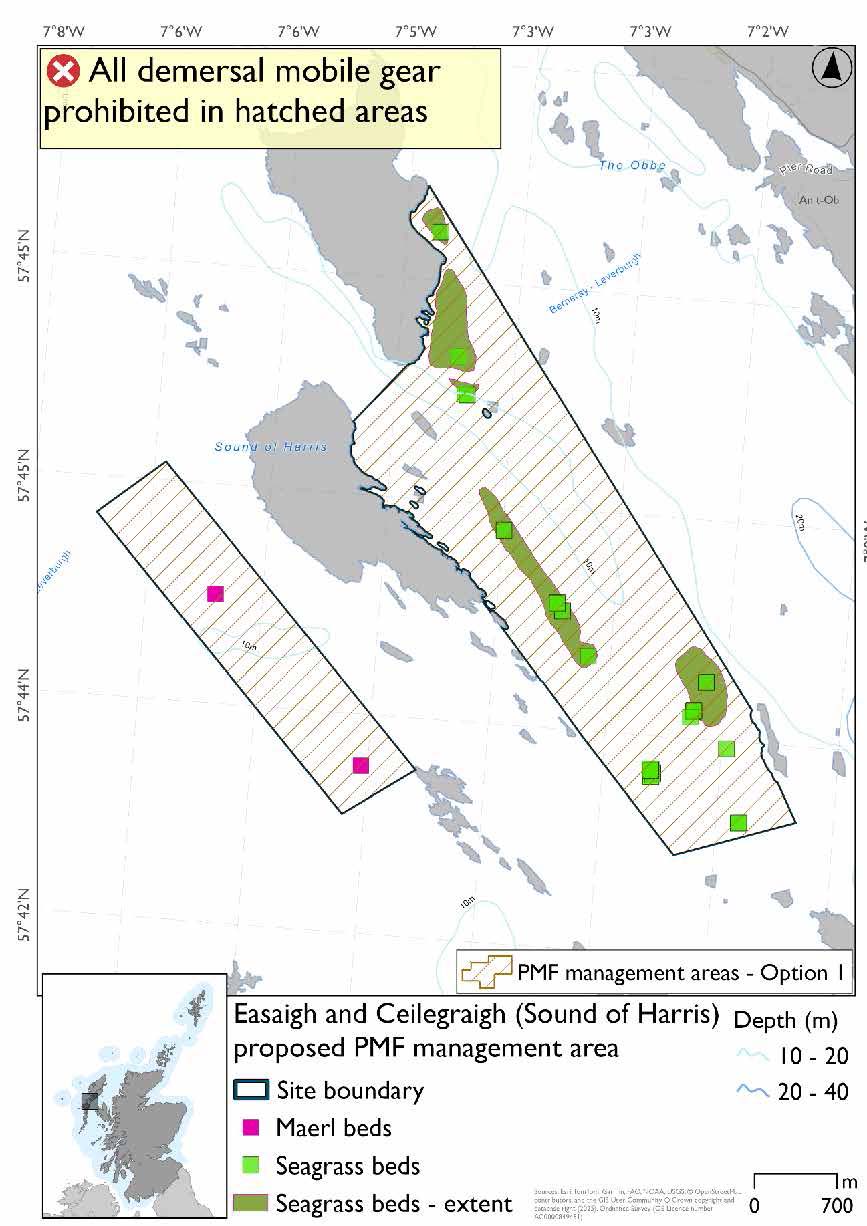 Map shows two distinct areas in which measures will apply. One is southwest of Ceilegraigh running parallel to the island as far south as Langa Sgeir. In this area there are two maerl bed records. The other covers the southeast coast of Easaigh, the east coast of Celegraigh, and stretches southeast to the waters just west of Langaigh. There are seagrass beds throughout this area, with large beds on the Easaigh coast and east of Celegraigh. Several point data for seagrass beds are found in the southeastern extent of this area.