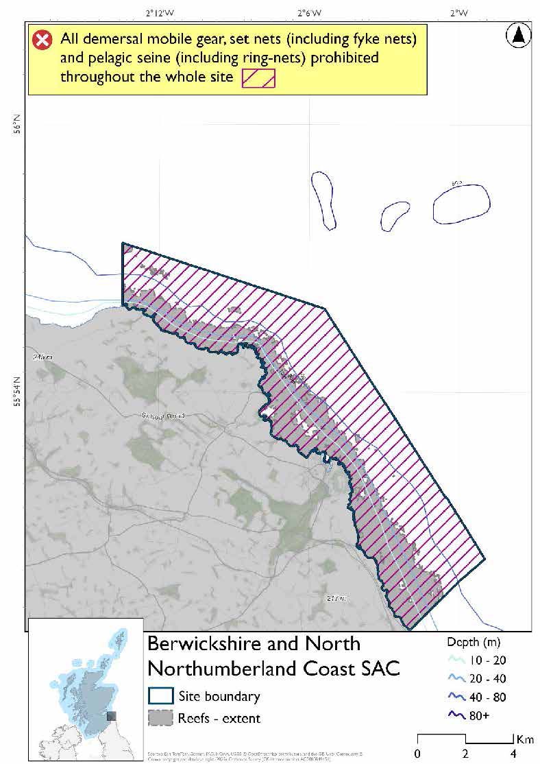 Option 2 map of Berwickshire and North Northumberland Special Area of Conservation (SAC) in Scotland, Reefs run along the coast as up to the 40m depth contour with the protected area extending a further 2km. There is a full site closure to all demersal mobile gears, pelagic seine (including ring-nets), set nets (including fyke nets) and longlines (until technical measures come into force).