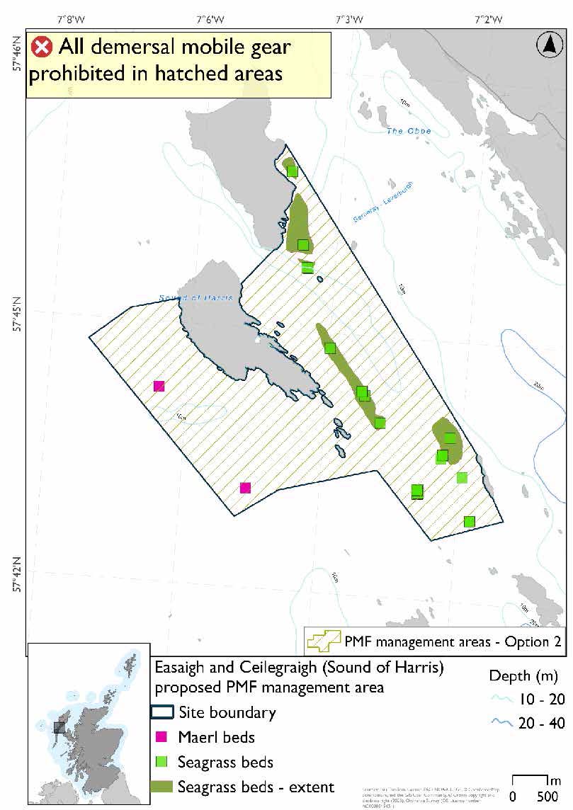 Map shows a single area in which measures will apply. The eastern boundary runs from the headland on the east coast of Easaigh down to Langaigh, this area extends furthest westward in the north, surrounding all but the northern coast of Celegraigh. This area joins up the two discrete areas in Option 1. There are two maerl bed records southwest of Celegraigh. There are seagrass beds throughout the area east of Celegraigh, with large beds on the Easaigh coast and southeast of Celegraigh. Several point data for seagrass beds are found in the southeastern extent of this area.