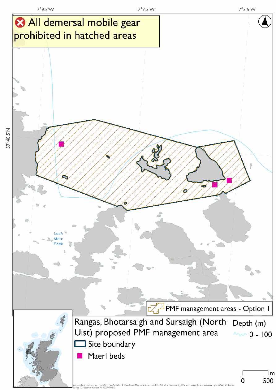 Map shows the area for measures extending from just east of Sursaigh westwards to the North Uist coast, taking in Bhotarsaigh and the other islands between Sursaigh and the mainland. Maerl bed records exist both just off the North Uist coast and south of Sursaigh.