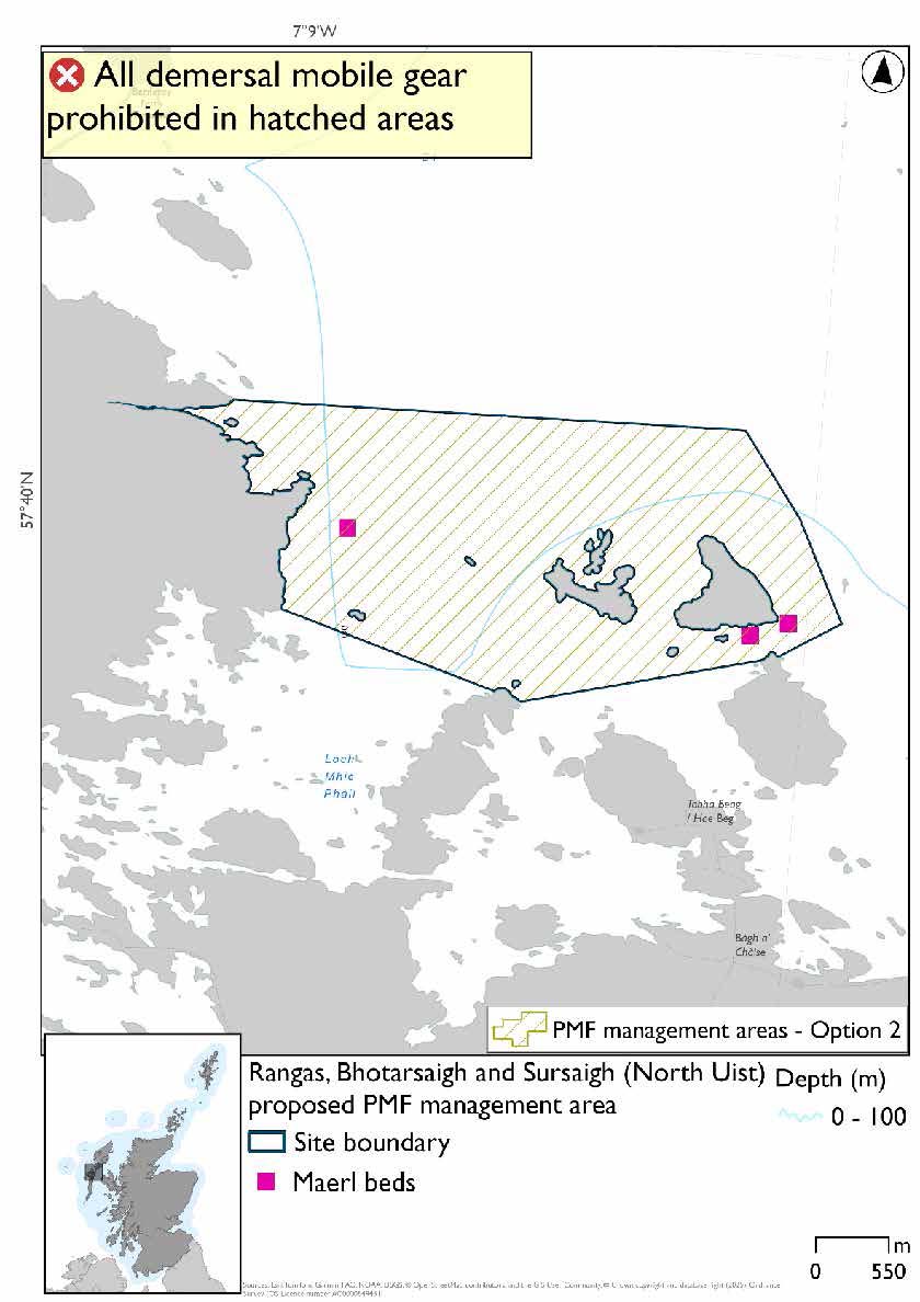 Map shows the area for measures extending from just east of Sursaigh westwards to the North Uist coast, taking in Bhotarsaigh and the other islands between Sursaigh and the mainland. This option extends further north than option 1. Maerl bed records exist both just off the North Uist coast and south of Sursaigh.