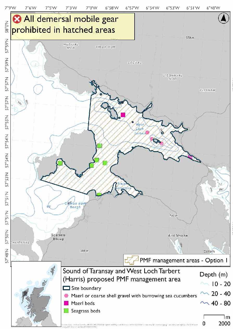 Map shows the area for measures covering the waters east of Uidh, its western extend runs from Amhuinnsuidhe down to Uidh and across from the southern point of Uidh to Horgabost. Seagrass beds are found along the coast of Uidh and just north of Horgabost, with maerl bed records in the narrow strait leading to Tarbert and by Soay Mòr. Maerl or coarse shell gravel beds with burrowing sea cucumbers are also evident in the north of the area.