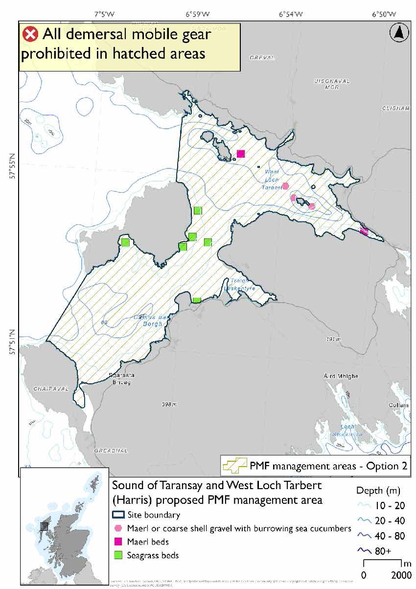 Map shows the area for measures covering the waters east and south of Uidh, its western extend runs from Amhuinnsuidhe down to Uidh and across from the southern point of Uidh to Geo na Gainmhich. Seagrass beds are found along the coast of Uidh and just north of Horgabost, with maerl bed records in the narrow strait leading to Tarbert and by Soay Mòr. Maerl or coarse shell gravel beds with burrowing sea cucumbers are also evident in the north of the area.