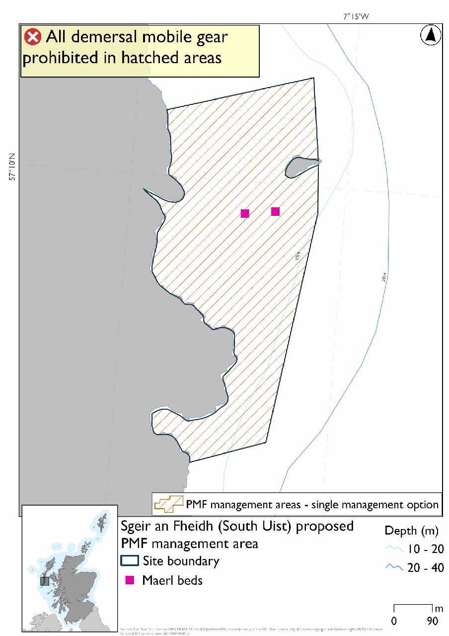 Map shows an area adjoining the South Uist coast with Sgeir an Fheidh in the northeastern portion. Two maerl beds are evident slightly southwest of Sgeir an Fheidh.