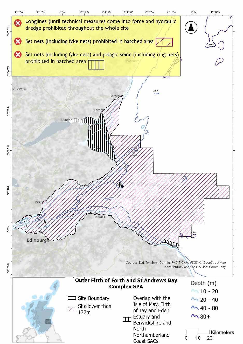 Map shows Outer Firth of Forth and St Andrews Bay Complex SPA, which covers the area from Arbroath in the North to St Abb's Head in the South. It includes the Firth of Forth, the outer Firth of Tay, and St Andrews Bay. It does not cover the waters immediately surrounding Isle of May, Bass Rock, Craigleith, Fidra, Inchcolm, and Long Craig (which comprise Forth Islands SPA). The entire site is shallower than 177m. Longlines (until technical measures come into force), set nets including fyke nets), and hydraulic dredges are prohibited throughout the site.  Pelagic seine (including ring-nets) prohibited in overlapping areas with the Firth of Tay and Eden Estuary, Isle of May and Berwickshire and North Northumberland Coast SACs.