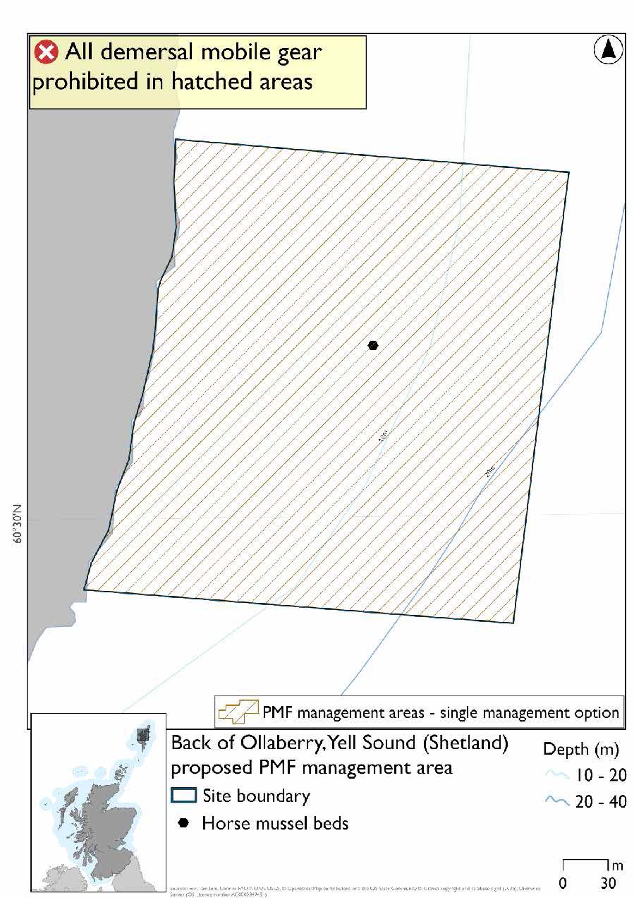 Map shows the area to be protected extending from the headland at Back of Ollaberry, Yell out into the sea. 

There is 1 horse mussel record just before the 20m depth contour of the area. 