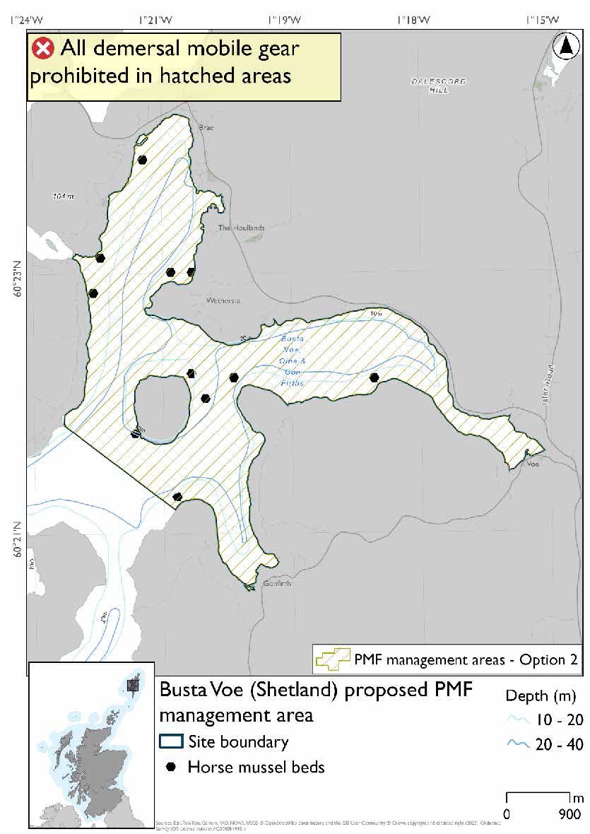 Map shows the area to be protected extending from the  Voe-head to just beyond a large skerry. There are 11 records for horse mussel. 5 records in the west section, 1 in the east and 4 around the large skerry. 