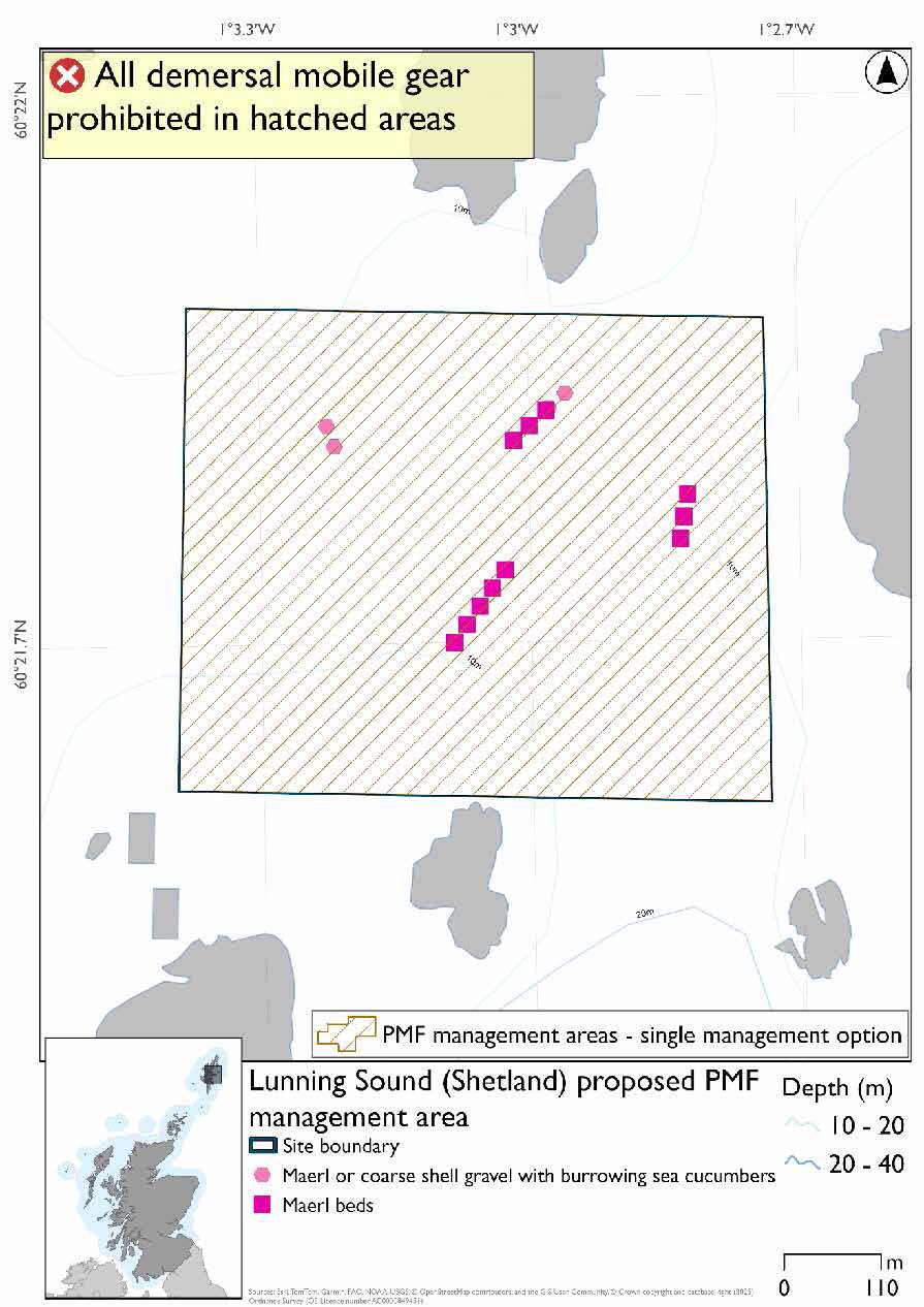 Map shows the area for measures covering an area of relatively open water between West Linga and Mainland, and Little Linga and Ketill Holm. Maerl and maelr or corse shell gravel with burrowing sea cucumber records are present throughout the area 