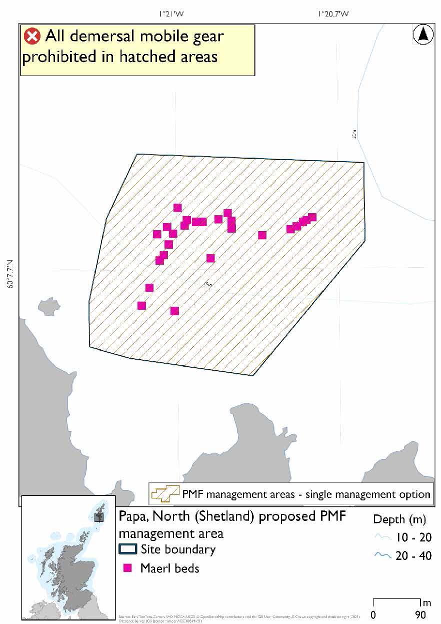 Map shows the area to be protected in open sea just of the north east coast of West Papa Head.

There are 25 maerl records spread throughout the small area.