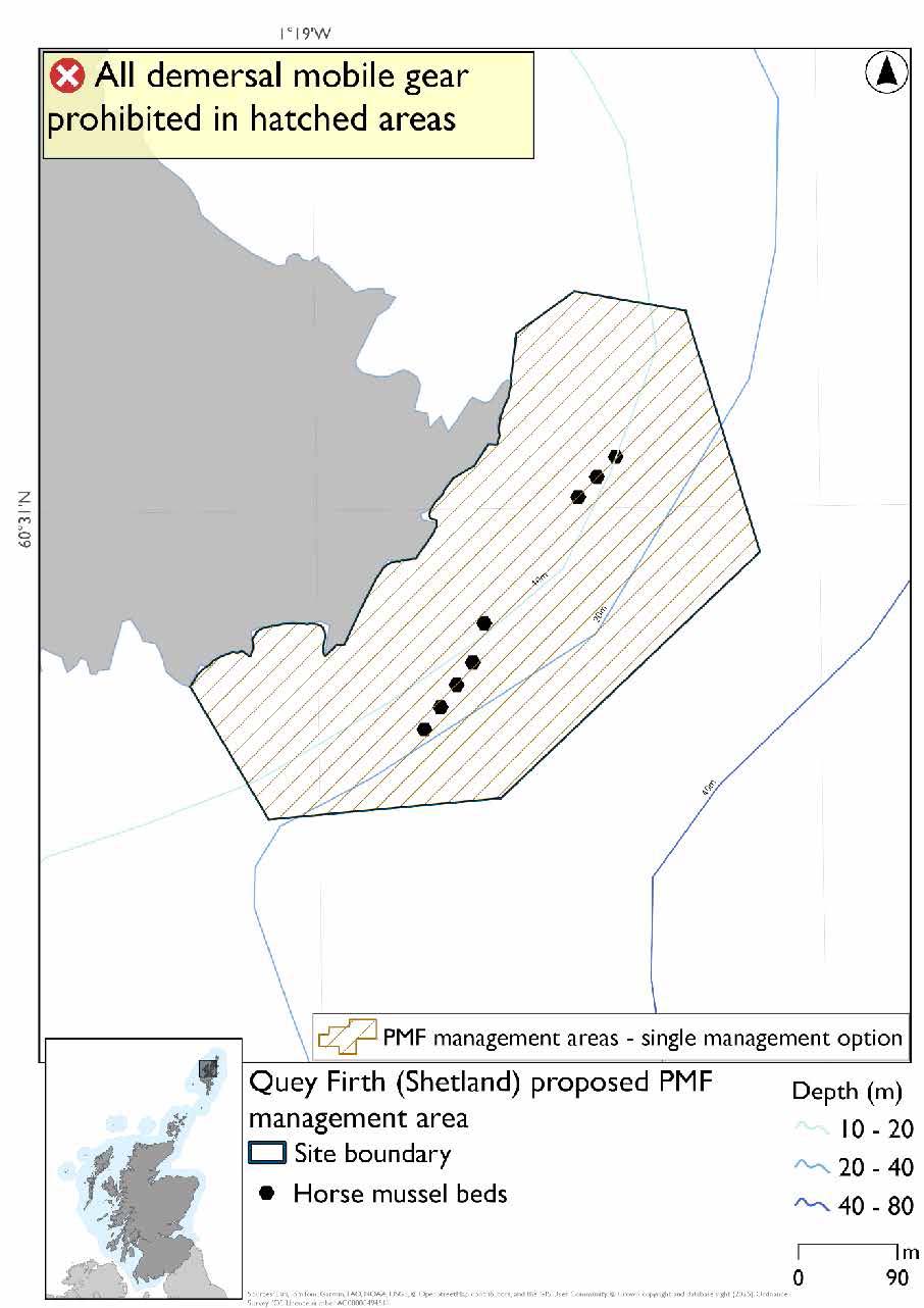 Map shows the area to be extending southeast from the headland at Ness of Quey Firth out into the sea.  Horse mussel records are evident in the centre of the area. 