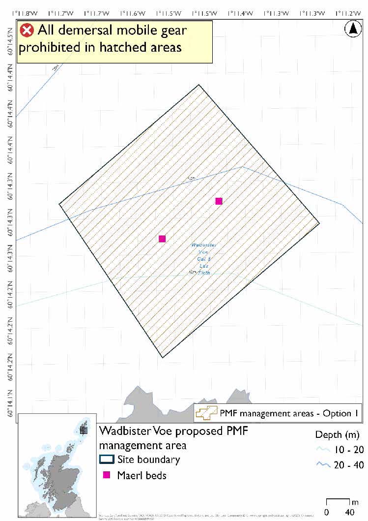 Map shows the area to be protected, a square at the mouth of Wadbister Voe in the open sea. There are 2 maerl records clustered together in the centre of the protected area.