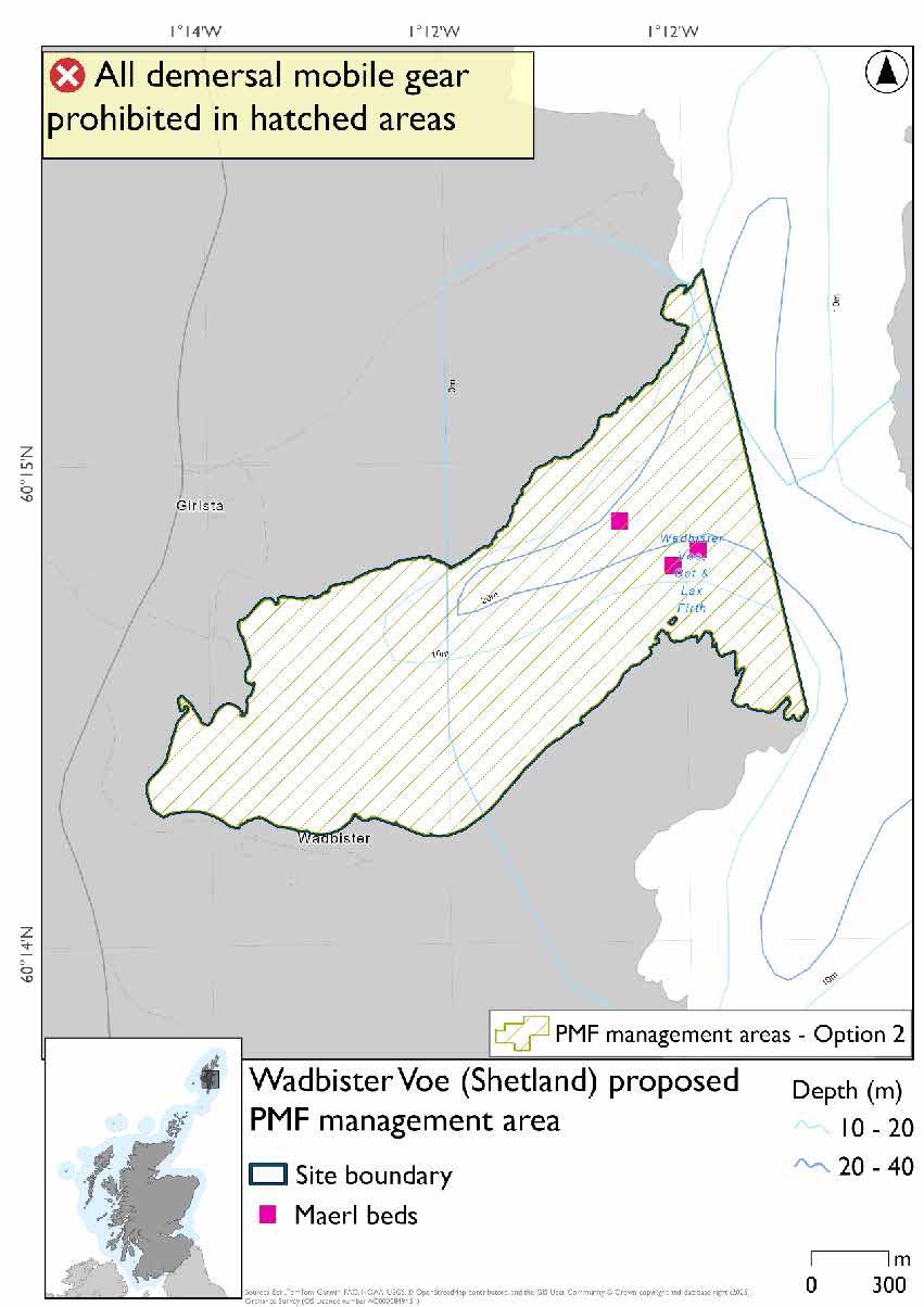 Map shows the area to be protected extending from the  Voe-head at Wadbister to the mouth of the Voe. There are 3 maerl records clustered together at the mouth of the voe.