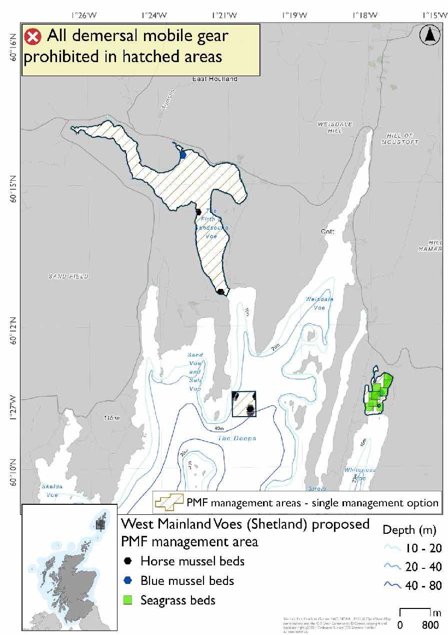 Map shows three discrete areas for measures: The interior of Sandsound Voe with its outer boundary east of Sand, a small square patch just east of Fore Holm, and the innermost portion of Whiteness Voe with its outer boundary just south of Otter Holm. There is a bue mussel bed record in the north of the Sandsound Voe area east of Bixter, and two horse mussel records within the narrow portion leading out of the Voe. A concentration of seagrass beds exists within the Whiteness Voe area. A group of horse mussel records is present in the small square patch just east of Fore Holm.