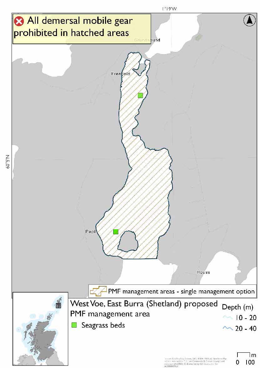 Map shows the area to be protected extending from the West Voe-head to past a skerry. There is one seagrass record by the skerry and another at the voe-head.