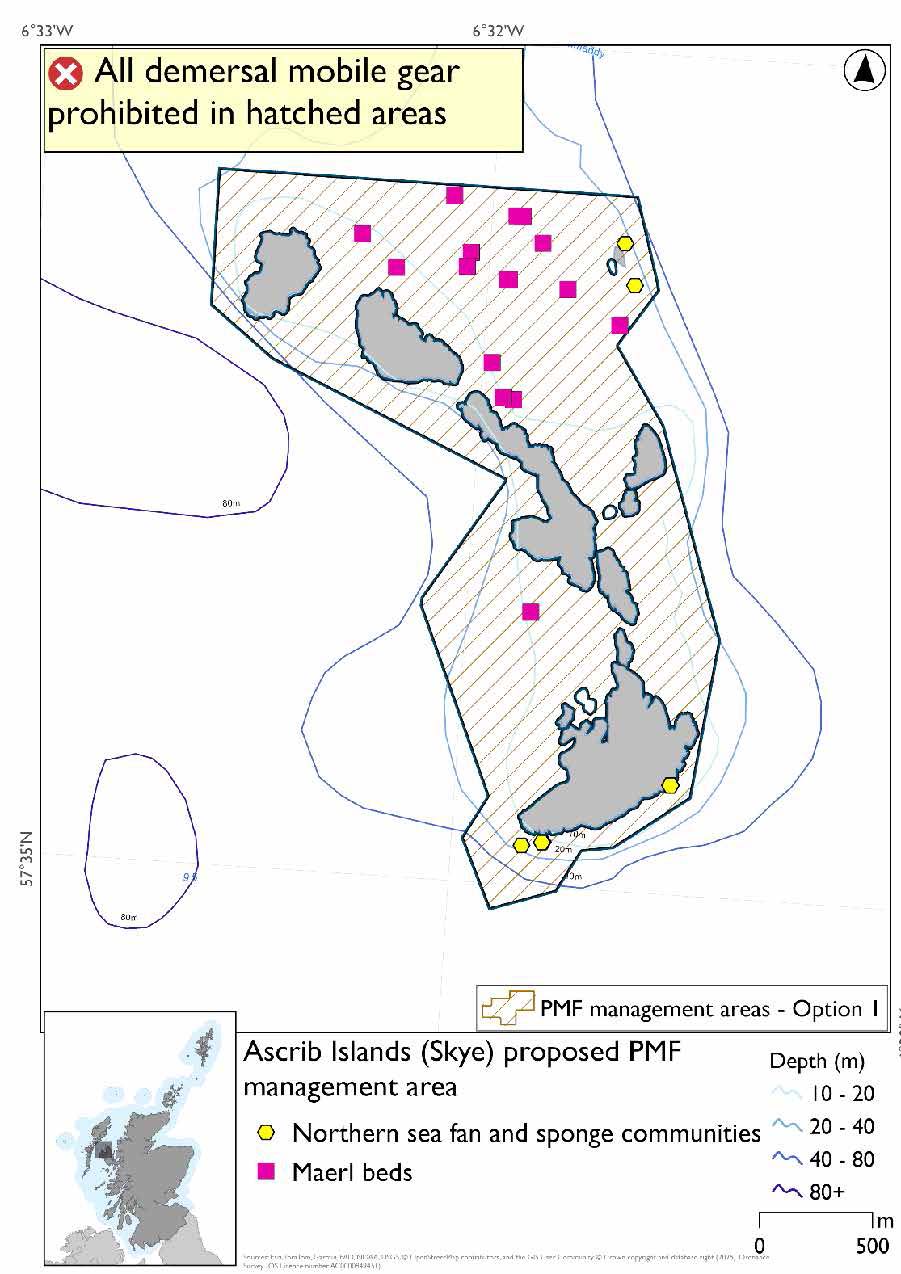 Map shows the area to be protected surrounding the Ascrib Islands west of Uig. Maerl bed records are found in the west and north of the area, with northern sea fan and sponge communities records in the southwest of the area and in a small protruding portion of the area in the northeast.