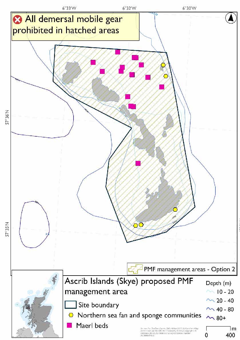 Map shows the area to be protected surrounding the Ascrib Islands west of Uig. The outer extent of this area is slightly further in the northeast and southwest than option 1, Maerl bed records are found in the west and north of the area, with northern sea fan and sponge communities records in the southwest and northeast of the area.