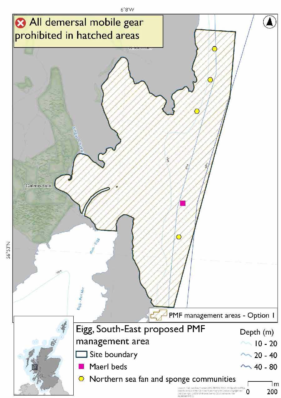 Map shows the area for measures covering the coastal waters southeast of Eigg, from Eilean Chathastail in the south to Eilean Dubh an Fhaing in the north. Northern sea fan and sponge communities are evident across the east of this area, while a marl bed record sits northeast of Eilean Chathastail.