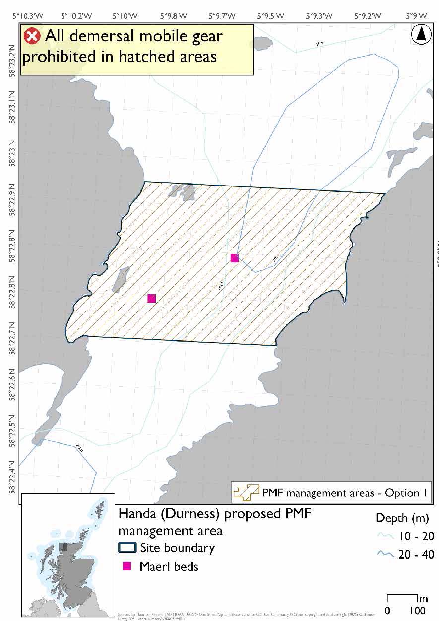 Map shows the area for measures covering a small part of the strait between Handa and the mainland. Two maerl bed records exist in the strait.