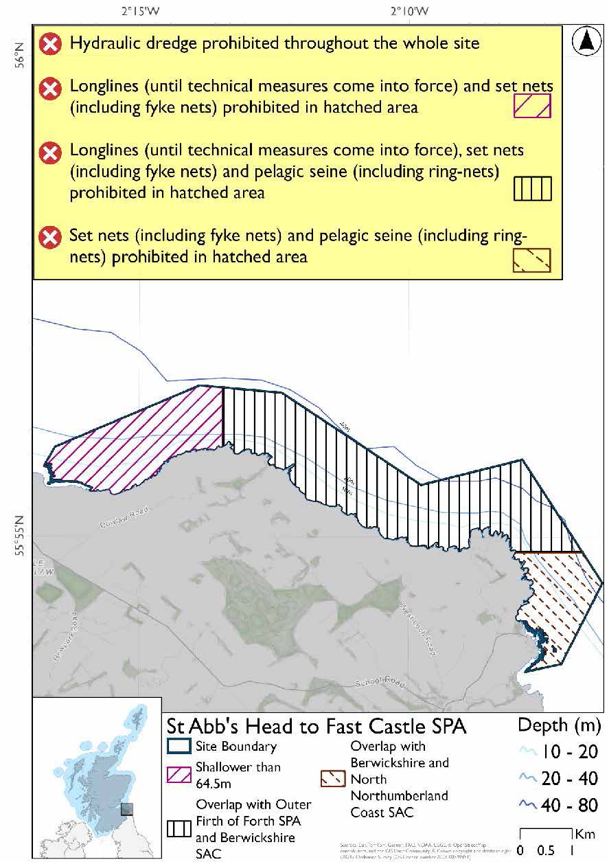 Map shows St Abb's Head to Fast Castle SPA, an area extending from Lansey Bank to Coldingham Bay. The entire area is shallower than 64.5m, with set nets (including fyke nets) and hydraulic dredges prohibited throughout the site. Longlines (until technical measures come into force) prohibited in overlapping area with Outer Firth of Forth SPA. Pelagic seines (including ring-nets) prohibited in overlapping areas with the Berwickshire and North Northumberland Coast SAC.