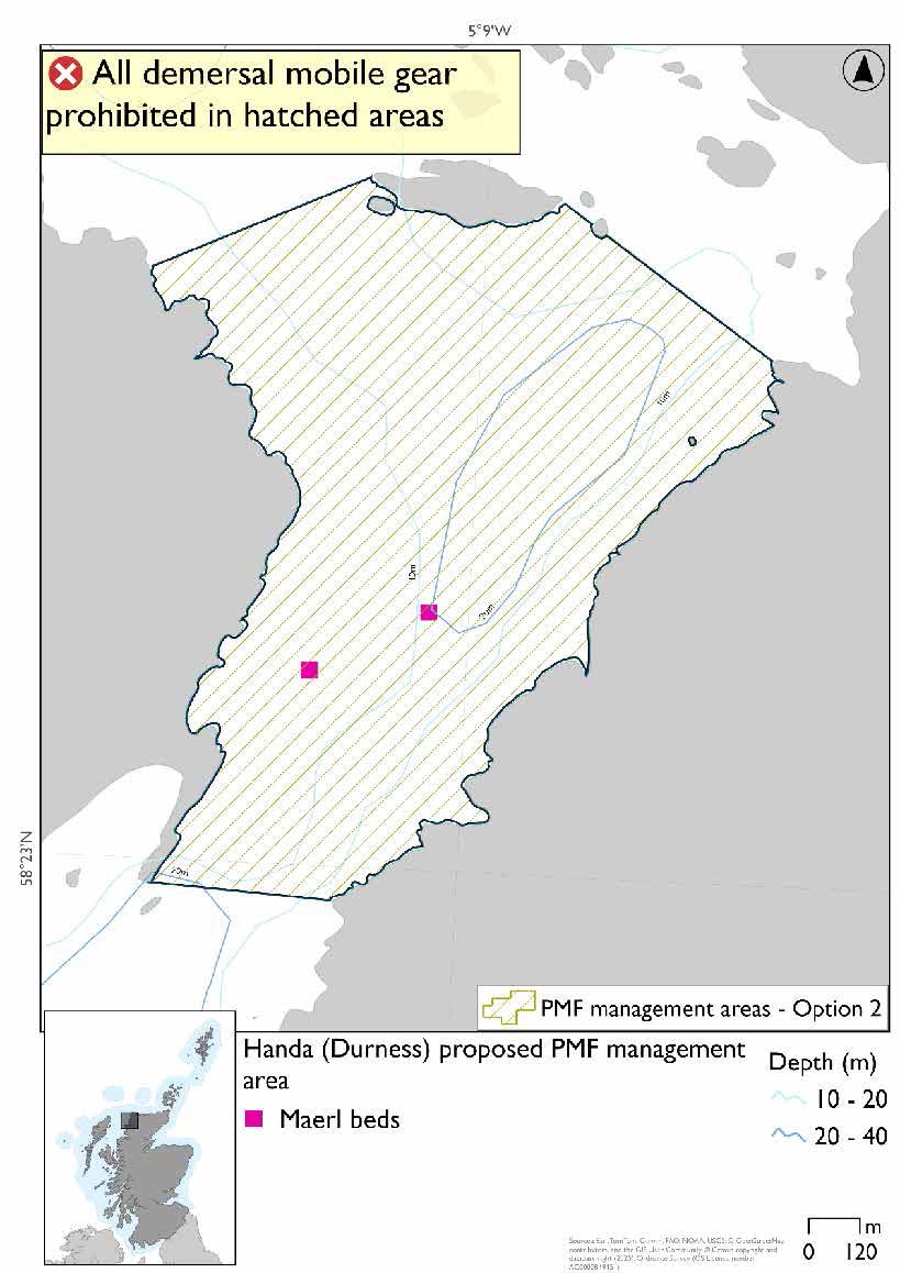 Map shows the area for measures covering  the strait between Handa and the mainland, and as far north as Eilean an Aigaich. Two maerl bed records exist in the strait.