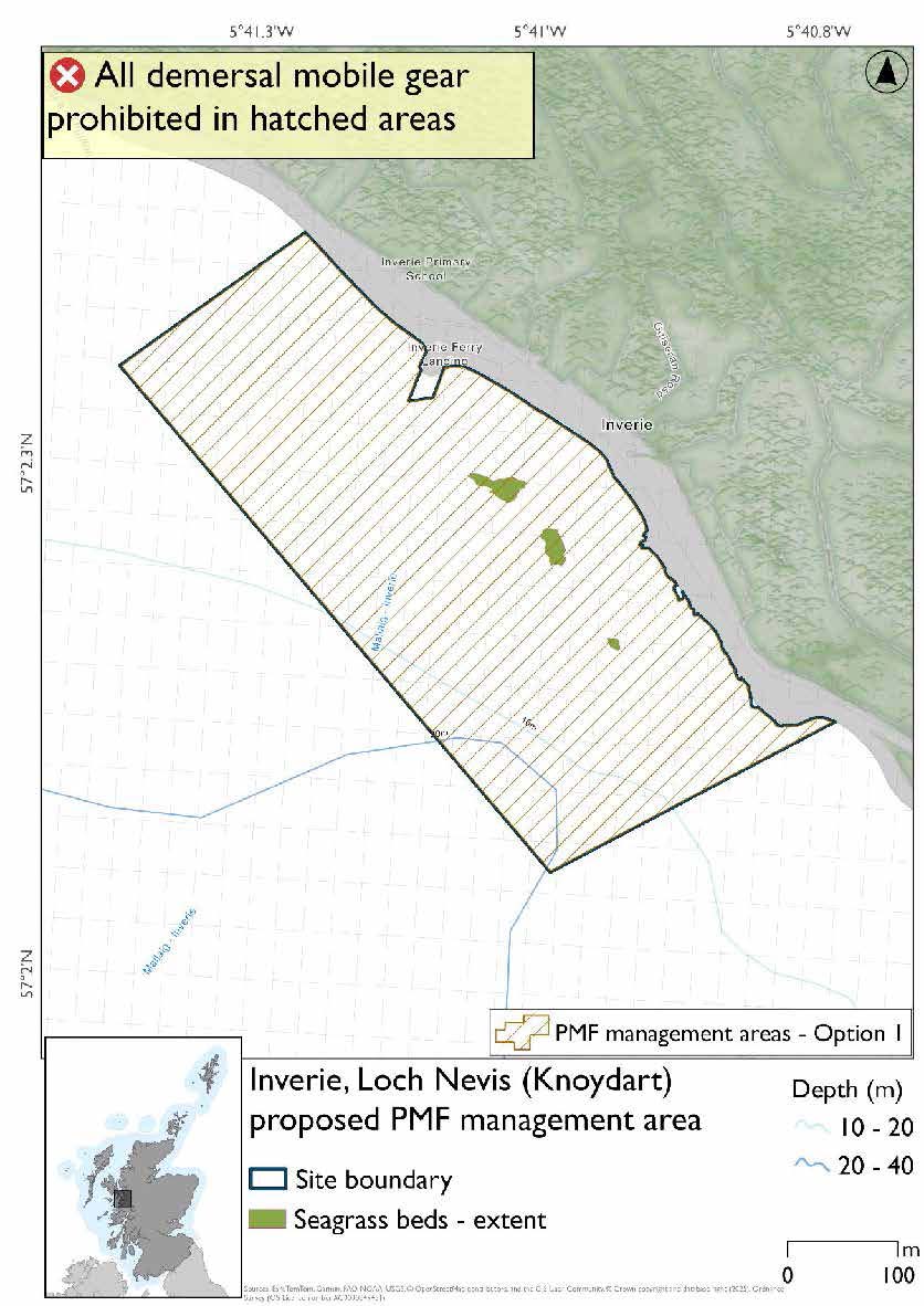 Map shows the area for measures covering a small part of the sea off the mainland at Inverie. There are 3 seagrass areas just off the shoreline. 